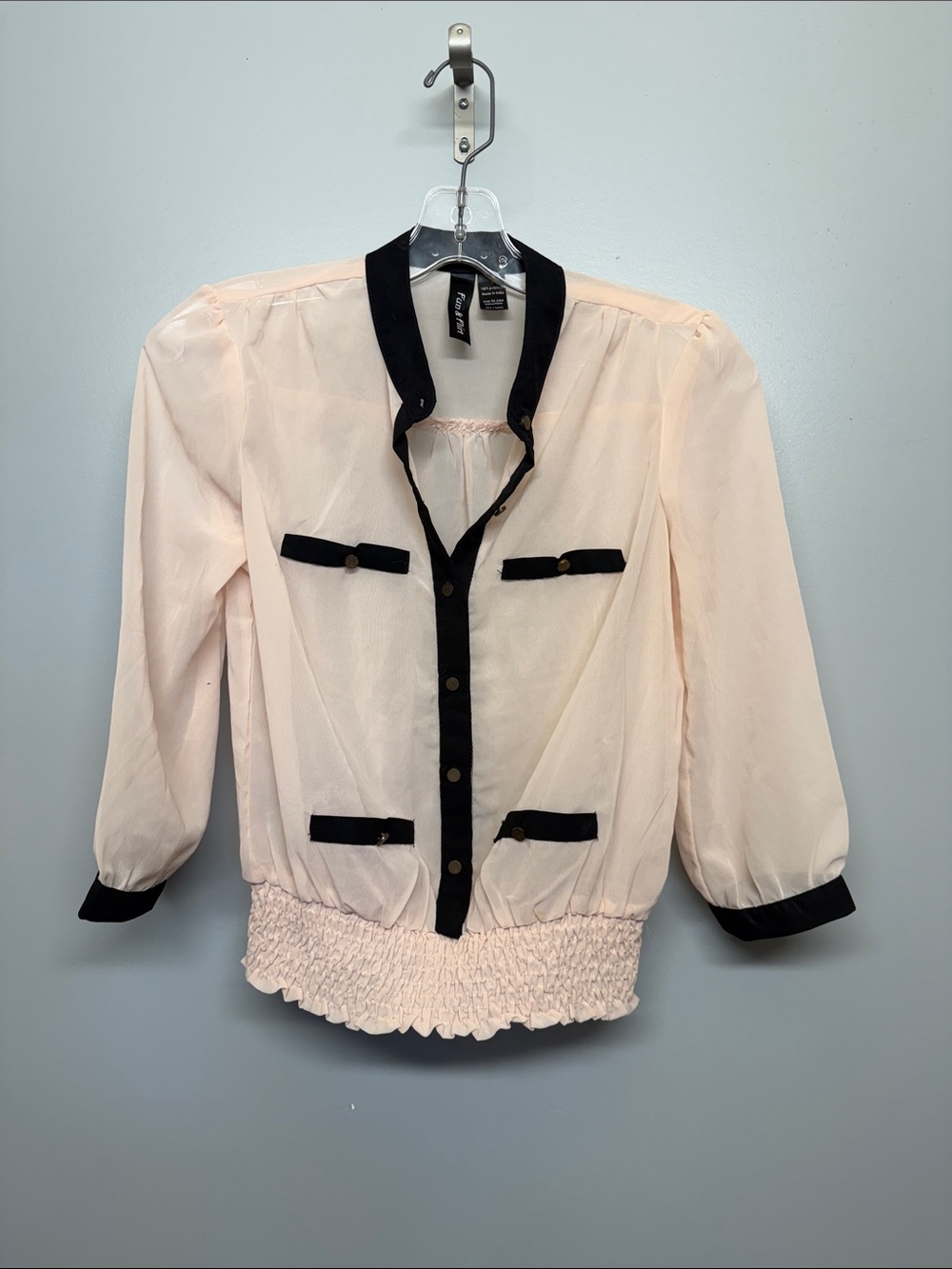 Fun & Flirt Peach Pink Blush Sheer Blouse with Black Trim Smocked Waist